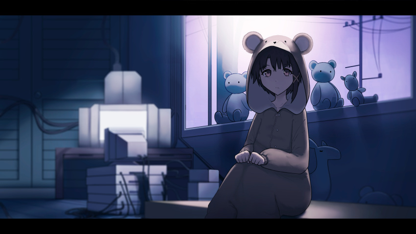 1girl absurdres animal_costume asymmetrical_hair barefoot bear_costume brown_eyes brown_hair closed_mouth commentary hair_ornament hairclip highres iwakura_lain looking_at_viewer serial_experiments_lain short_hair sitting solo vodoke x_hair_ornament