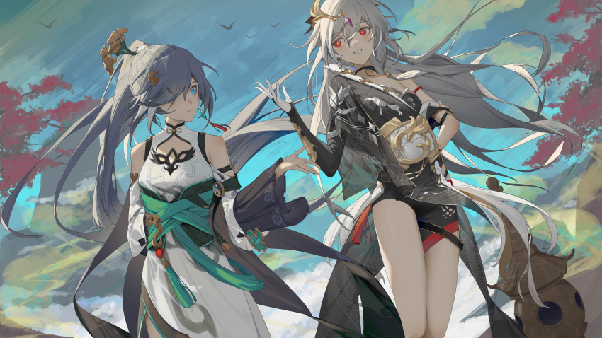 2girls absurdres bangs bare_shoulders black_hair blue_eyes blue_sky china_dress chinese_clothes clouds cloudy_sky dress dual_persona earrings fu_hua fu_hua_(azure_empyrea) fu_hua_(herrscher_of_sentience) hair_ornament hair_over_one_eye highres honkai_(series) honkai_impact_3rd jewelry kuo_(kuo114514) long_hair long_sleeves looking_at_another multiple_girls outdoors ponytail red_eyes single_earring sky white_dress