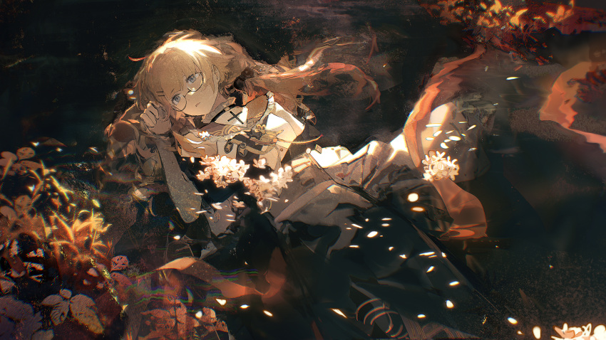 1girl bangs black_dress blonde_hair blue_eyes commentary cross dress flower glasses hair_ornament hairclip hand_up highres leaf lobelia_(saclia) long_hair original outdoors parted_lips partially_submerged solo water white_flower