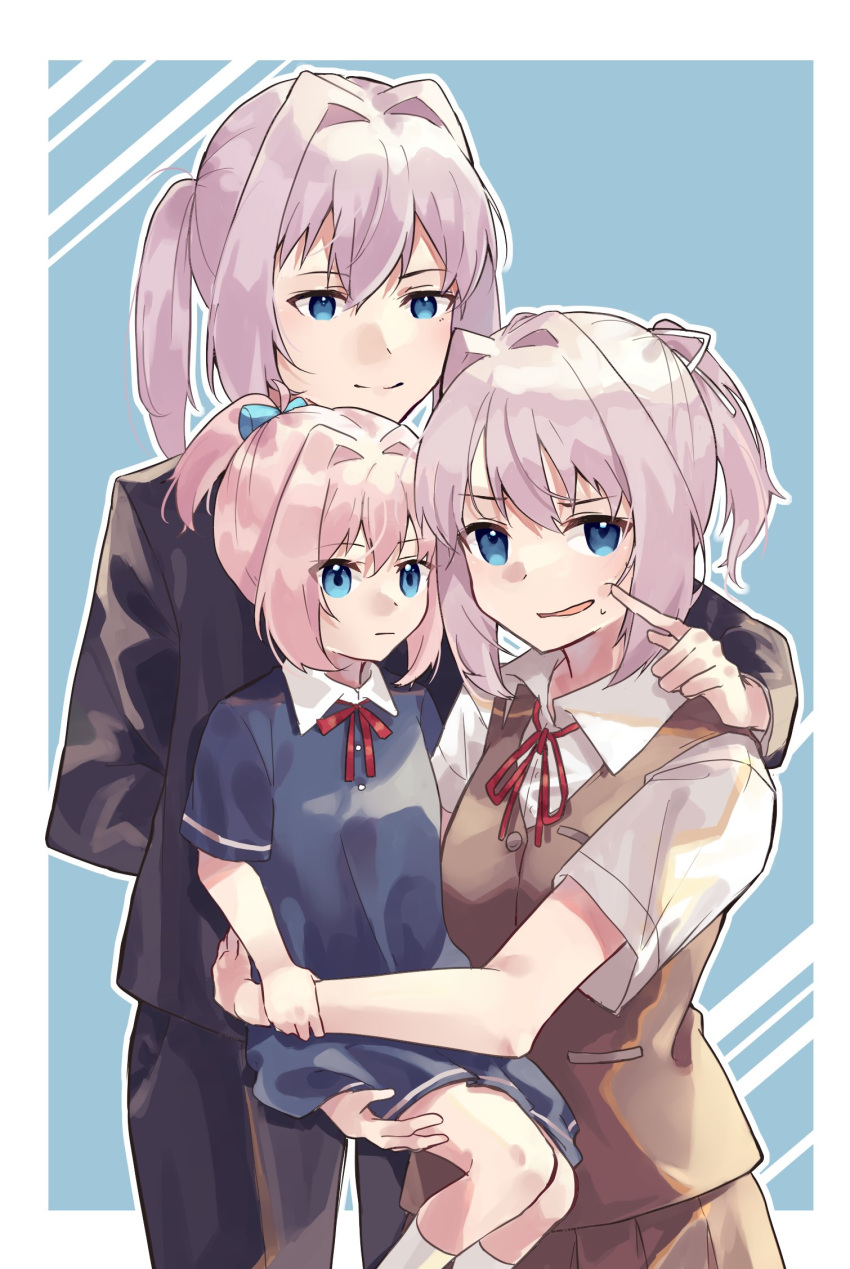 3girls age_difference baby_carry blue_background blue_dress blue_ribbon brown_skirt brown_vest carrying character_request check_character commentary_request dress eyebrows_visible_through_hair hair_between_eyes hair_ribbon hand_on_another's_cheek hand_on_another's_face highres kantai_collection long_hair multiple_girls multiple_persona neck_ribbon pleated_skirt ponytail purple_hair red_ribbon ribbon school_uniform shiranui_(kancolle) shirt short_sleeves sidelocks skirt sleeveless u_yuz_xx vest white_ribbon white_shirt