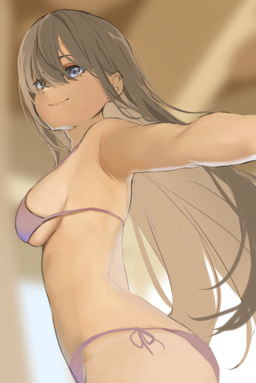 1girl absurdres armpits bikini blue_eyes brown_hair closed_mouth commentary hair_between_eyes highres icehotmilktea long_hair looking_at_viewer original outstretched_arm pink_bikini side-tie_bikini smile solo swimsuit