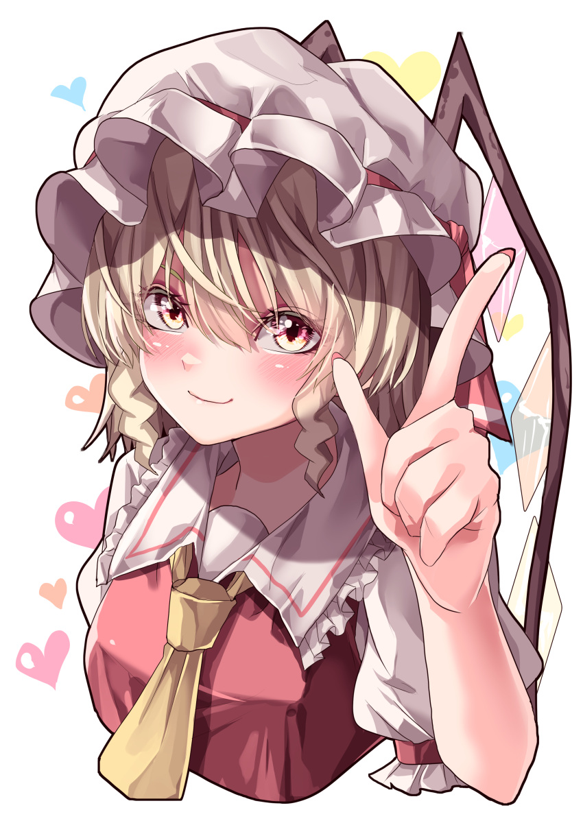 1girl absurdres blonde_hair breasts closed_mouth collared_shirt eyebrows_behind_hair flandre_scarlet frilled_shirt_collar frilled_sleeves frills hair_between_eyes hat hat_ribbon heart highres index_finger_raised looking_at_viewer maboroshi_mochi mob_cap nail_polish necktie orange_eyes puffy_short_sleeves puffy_sleeves red_nails red_ribbon red_vest ribbon shirt short_sleeves simple_background small_breasts smile solo touhou vest white_background white_headwear white_shirt wings yellow_necktie