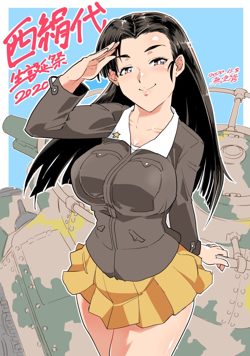 1girl absurdres asymmetrical_bangs bangs birthday black_eyes black_hair bright_pupils brown_jacket character_name chi-hatan_military_uniform closed_mouth commentary cowboy_shot girls_und_panzer ground_vehicle highres jacket long_hair long_sleeves looking_at_viewer military military_uniform military_vehicle miniskirt motor_vehicle nishi_kinuyo on_vehicle outline pleated_skirt salute shinkuukan_(tetsuo3) skirt smile solo standing star_(symbol) straight_hair tank translated type_97_chi-ha uniform white_outline white_pupils yellow_skirt