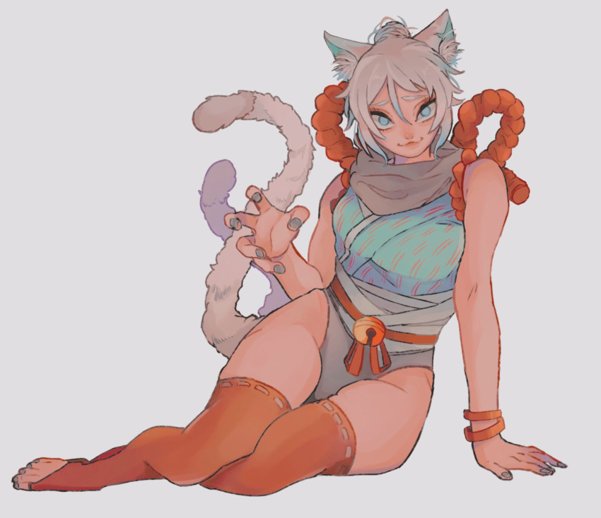1girl :3 animal_ears apex_legends barefoot blue_eyes blue_nails blue_shirt bracelet cat_ears cat_girl cat_tail claw_pose demon's_whisper_wraith green_panties grey_background grey_scarf hair_bun highres jewelry kemonomimi_mode multiple_tails nail_polish oinu-chan panties red_legwear scarf shirt sitting sleeveless sleeveless_shirt smile solo tail thigh-highs toenail_polish toenails underwear wraith_(apex_legends)