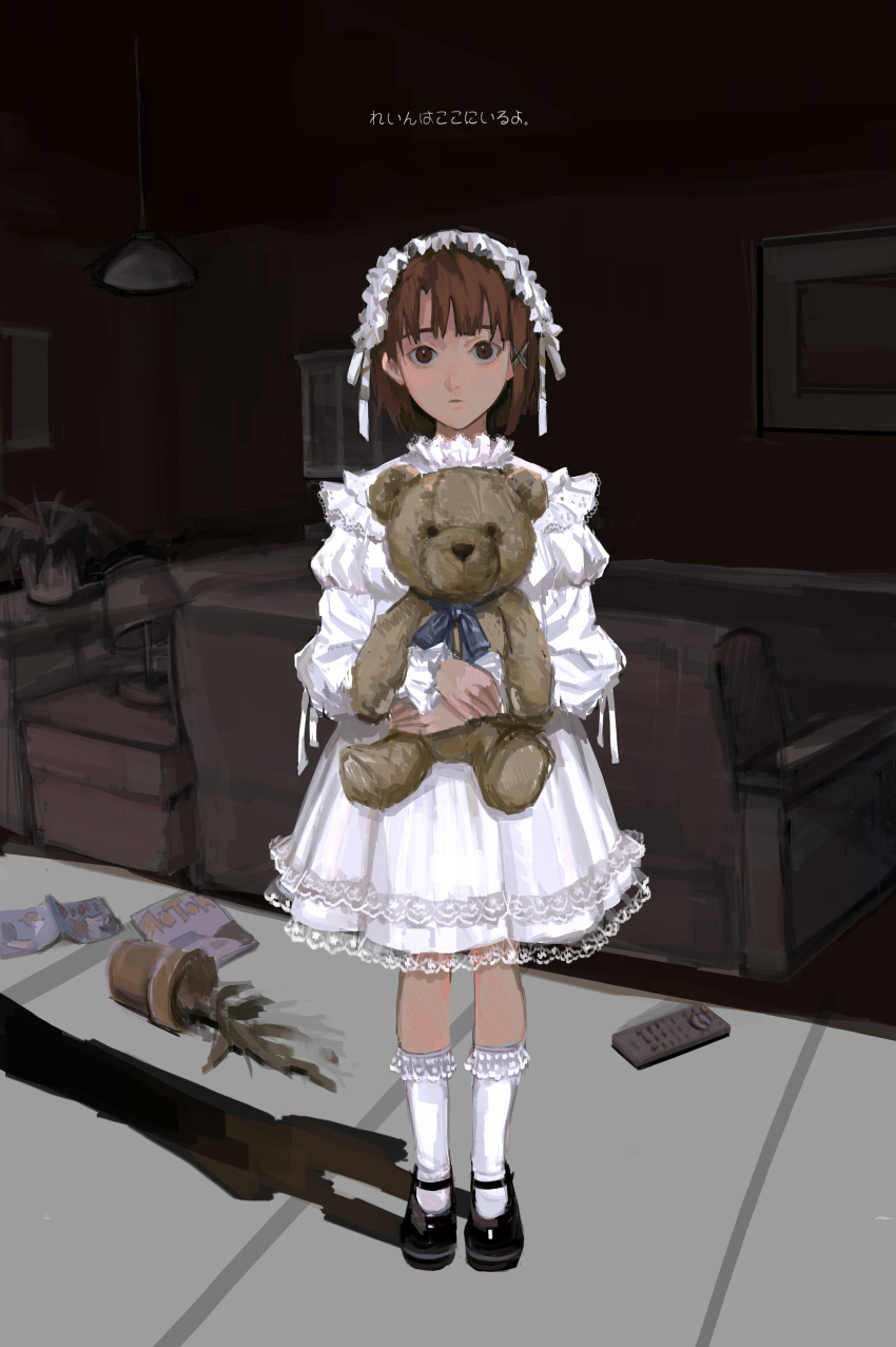 1girl absurdres asymmetrical_hair brown_eyes brown_hair closed_mouth controller couch dress full_body hair_ornament hairclip highres iwakura_lain looking_at_viewer picture_frame plant potted_plant remote_control serial_experiments_lain short_hair solo stuffed_animal stuffed_toy teddy_bear white_dress wod x_hair_ornament