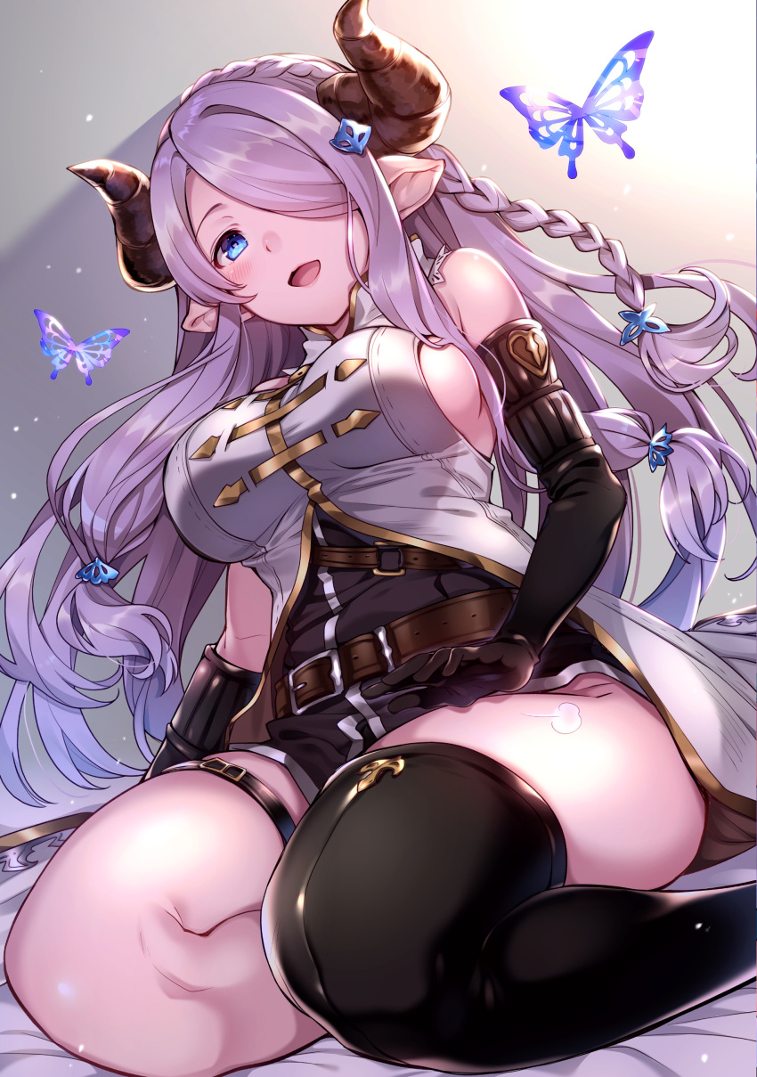 1girl absurdres bangs bare_shoulders belt blue_eyes blush braid breasts bug butterfly draph elbow_gloves gloves gradient gradient_background granblue_fantasy hair_ornament hair_over_one_eye highres horns kat_(bu-kunn) large_breasts lips long_hair looking_at_viewer narmaya_(granblue_fantasy) open_mouth pink_hair pointy_ears shiny shiny_hair shiny_skin simple_background single_thighhigh sitting sleeveless smile solo thigh-highs thigh_strap thighs tied_hair