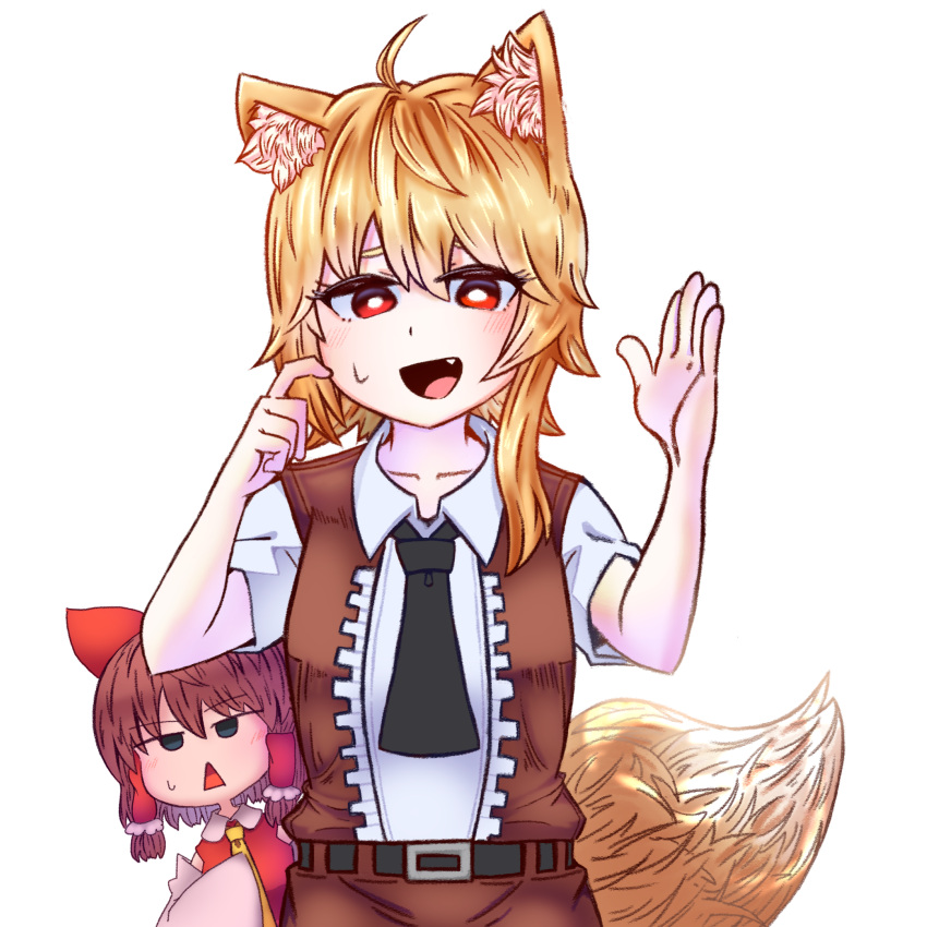 2girls :d absurdres ahoge animal_ear_fluff animal_ears asymmetrical_hair bangs black_eyes black_necktie blonde_hair blush bow breasts bright_pupils brown_dress brown_hair collared_shirt commentary_request cookie_(touhou) cowboy_shot detached_sleeves dress fang fox_ears fox_girl fox_tail hair_bow hair_tubes hakurei_reimu highres looking_at_viewer medium_hair minigirl miramikaru_riran multiple_girls necktie nervous_smile open_mouth pinafore_dress psychic_parrot red_bow red_eyes sakenomi_(cookie) shirt short_hair short_sleeves sidelocks simple_background small_breasts smile tail touhou triangle_mouth white_background white_pupils white_shirt white_sleeves yellow_necktie