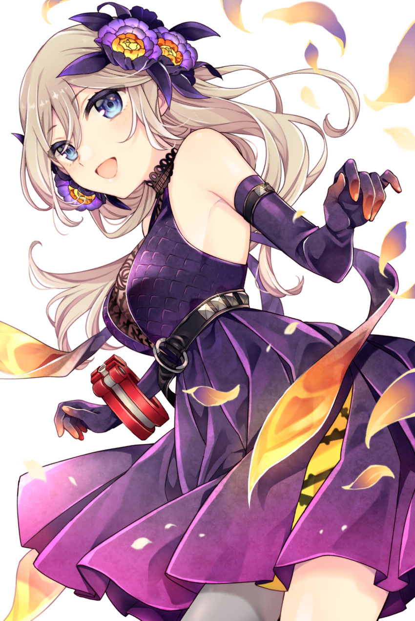 1girl :d absurdres alisa_ilinichina_amiella bangs bare_shoulders belt black_belt blue_eyes bracer breasts commentary cowboy_shot dress elbow_gloves eyebrows_visible_through_hair flower gloves god_eater god_eater_resonant_ops grey_legwear hair_between_eyes hair_flower hair_ornament highres io_(1033k) large_breasts long_hair looking_at_viewer official_alternate_costume open_mouth pleated_dress purple_dress purple_gloves see-through sidelocks silver_hair simple_background single_thighhigh sleeveless sleeveless_dress smile solo standing thigh-highs underbust white_background