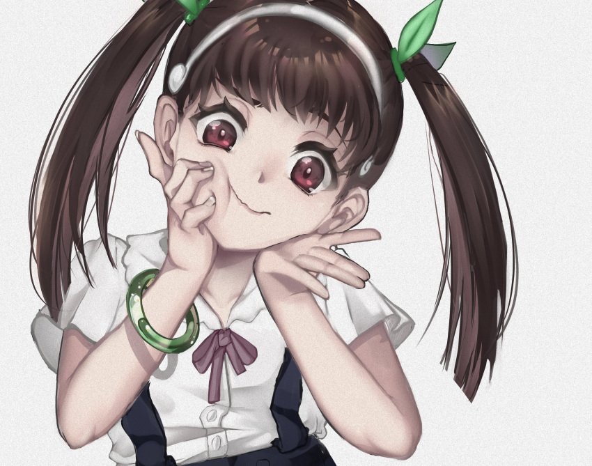 1girl absurdres bangs black_skirt bracelet brown_hair buttons cheek_pinching collarbone collared_shirt film_grain green_ribbon hachikuji_mayoi hair_ribbon hairband hands_on_own_face highres jewelry looking_at_viewer medium_hair meemz_a monogatari_(series) pinching red_eyes red_ribbon ribbon shirt short_sleeves skirt solo suspender_skirt suspenders twintails upper_body wavy_mouth white_shirt