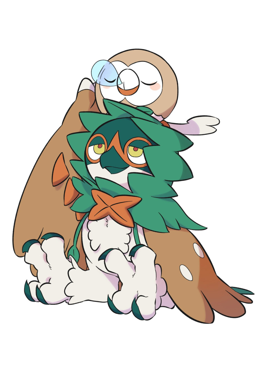 blush_stickers closed_eyes closed_mouth decidueye highres looking_up no_humans nose_bubble on_head pkpokopoko3 pokemon pokemon_(creature) pokemon_on_head red_pupils rowlet simple_background sitting sleeping smile symbol-only_commentary white_background yellow_eyes