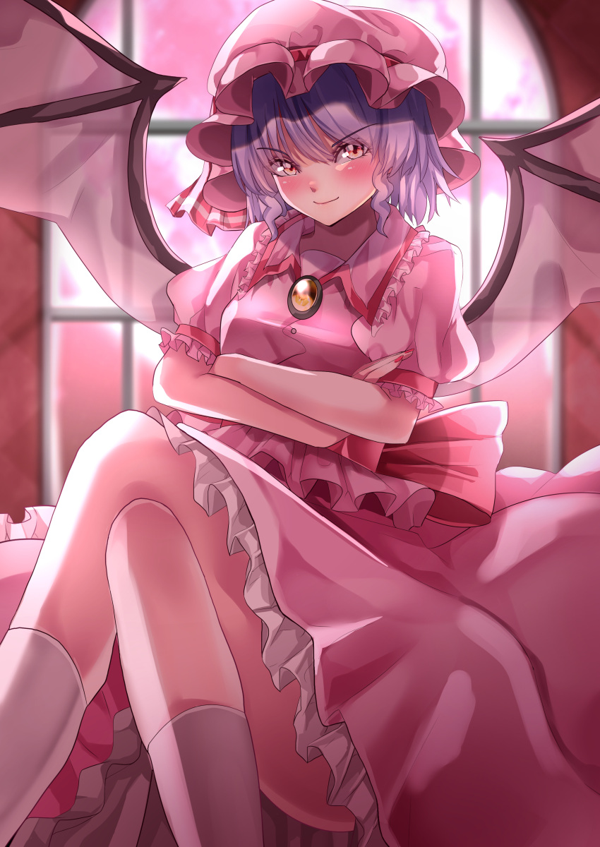 1girl absurdres back_bow bat_wings bow breasts brooch closed_mouth collared_shirt crossed_arms crossed_legs dress eyebrows_visible_through_hair feet_out_of_frame frilled_shirt_collar frilled_sleeves frills hat hat_ribbon highres indoors jewelry light_purple_hair maboroshi_mochi mob_cap moon pink_dress pink_headwear pink_moon pink_skirt pink_theme puffy_short_sleeves puffy_sleeves red_bow red_eyes red_ribbon remilia_scarlet ribbon sash shirt short_sleeves sitting skirt small_breasts smile socks touhou v-shaped_eyebrows white_legwear window wings yellow_brooch