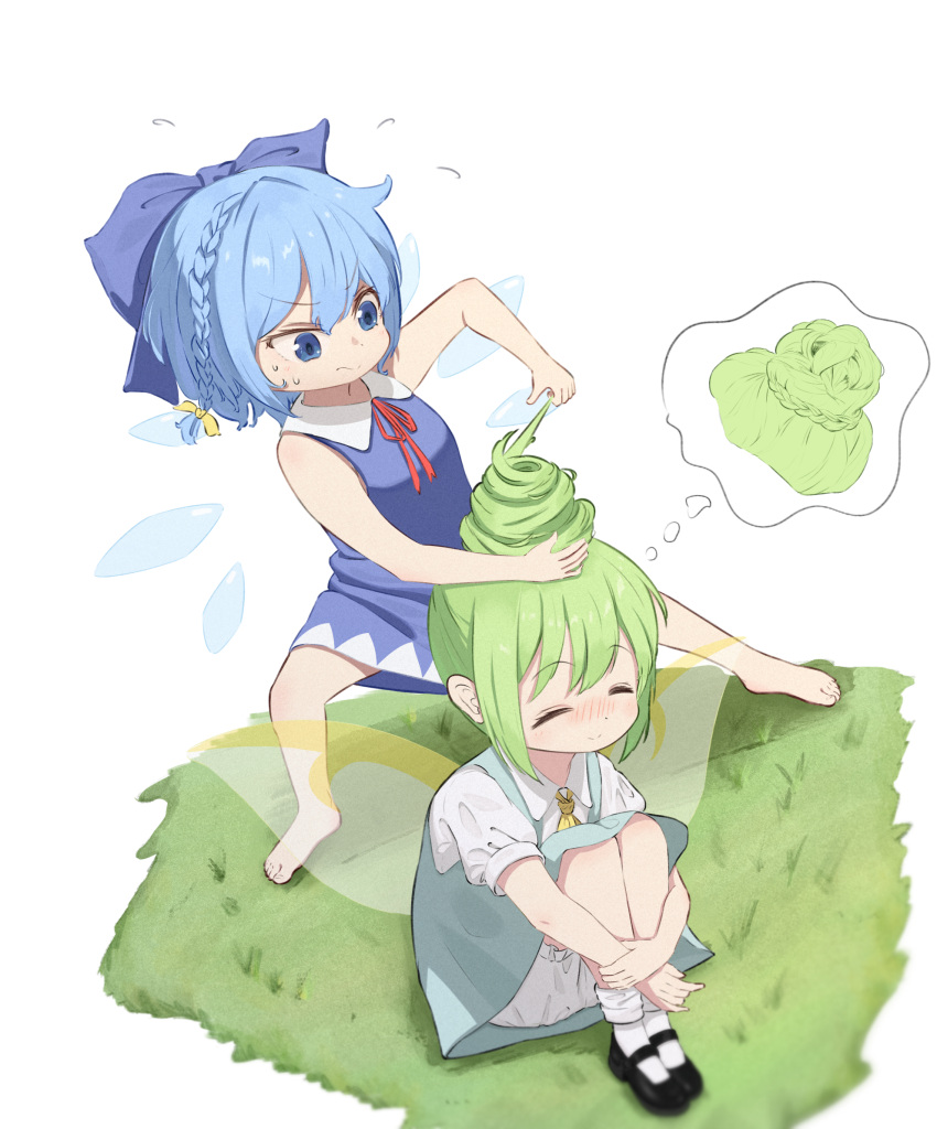 2girls adjusting_another's_hair alternate_hairstyle blue_dress blue_eyes blue_hair bow cirno closed_eyes daiyousei dress esthoric flower frustrated grass green_hair hair_bow happy highres ice ice_wings knees_to_chest legs_apart mary_janes multiple_girls shirt shoes short_hair short_sleeves simple_background sitting sleeping smile touhou white_background wings
