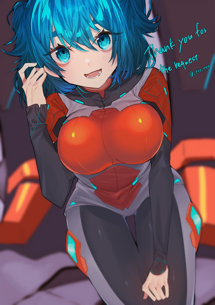 absurdres aria_rin bags_under_eyes blue_eyes blue_hair breasts commission highres indie_virtual_youtuber large_breasts mecha_pilot original plugsuit short_hair skeb_commission smile thick_eyebrows thighs virtual_youtuber