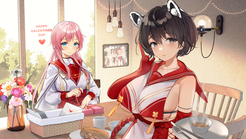 2girls absurdres animal_ears bangs bare_shoulders black_hair blue_archive blue_eyes blush box breasts commentary_request elbow_gloves eyebrows_visible_through_hair food fork gift gift_box gloves grey_eyes highres holding index_finger_raised indoors knife large_breasts long_hair long_sleeves looking_at_viewer mimori_(blue_archive) multiple_girls photo_(object) picture_frame pink_hair red_gloves sailor_collar shiny shiny_hair short_hair sideboob simple_background sleeveless smile soup steam tsubaki_(blue_archive) upper_body valentine yokii