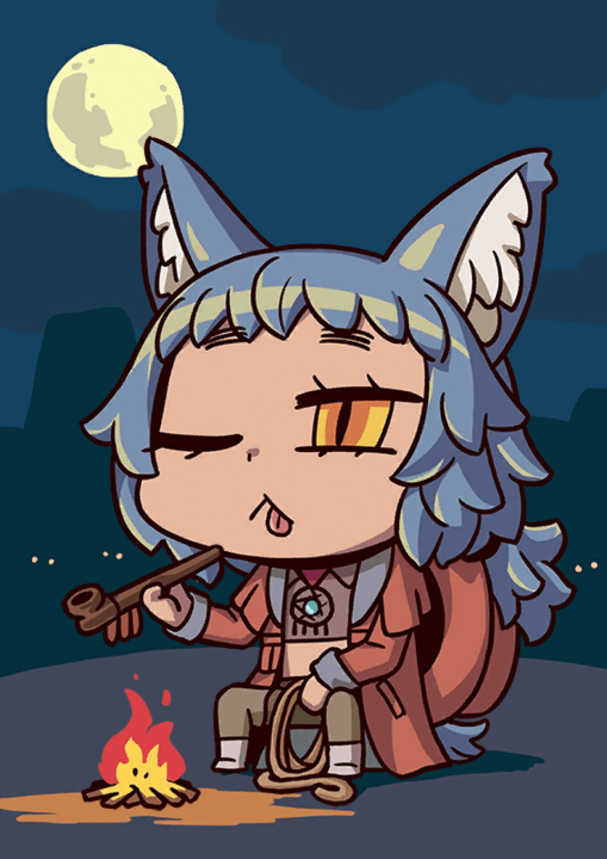 1girl ;&lt; april_fools blue_hair campfire chibi coyote_ears coyote_girl coyote_tail dark-skinned_female dark_skin fate/grand_order fate_(series) full_moon highres holding holding_pipe midriff moon night night_sky official_art pipe riyo_(lyomsnpmp) riyo_servant_(bronco)_(fate) sitting sky solo_focus tongue tongue_out yellow_eyes