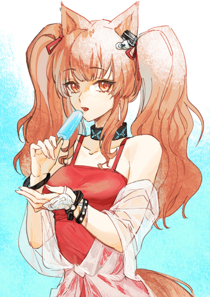 1girl angelina_(arknights) angelina_(summer_flowers)_(arknights) animal_ears arknights bangs bare_shoulders black_collar brown_eyes brown_hair collar eyebrows_visible_through_hair food fox_ears fox_tail hair_ribbon highres holding holding_food infection_monitor_(arknights) jinjinyoutiao long_hair looking_at_viewer off_shoulder official_alternate_costume one-piece_swimsuit open_mouth popsicle red_ribbon red_swimsuit ribbon solo swimsuit tail twintails upper_body