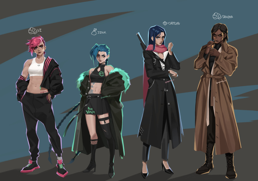 4girls absurdres alternate_costume arcane:_league_of_legends arcane_jinx asymmetrical_legwear bangs bare_shoulders black_coat black_footwear black_jacket black_legwear black_pants black_skirt blue_hair boots braid breasts brie_(vegetable_on) brown_coat brown_footwear brown_hair brown_pants caitlyn_(league_of_legends) character_name cigar closed_mouth cloud_tattoo coat dark-skinned_female dark_skin full_body green_background grey_background hand_up high_heels highres holding holding_cigar jacket jinx_(league_of_legends) knee_boots kneehighs league_of_legends lighter long_hair long_sleeves looking_at_viewer medium_breasts multiple_girls navel off_shoulder open_clothes open_coat open_jacket pants pink_hair pink_scarf red_lips scarf sevika_(arcane) shiny shiny_hair short_hair siblings single_bare_shoulder single_kneehigh single_thighhigh sisters skirt smile standing stomach thigh-highs twin_braids vi_(league_of_legends) weapon