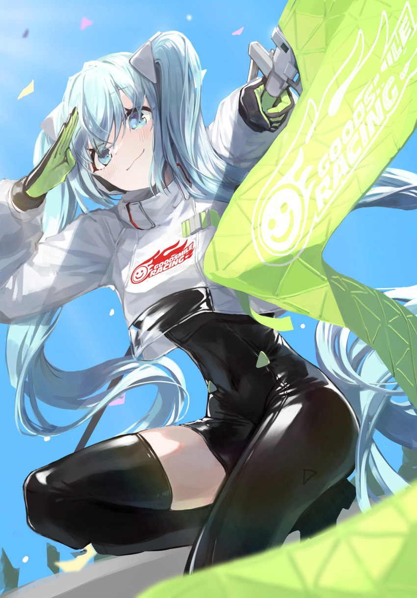 1girl :3 absurdres bangs black_bodysuit black_footwear black_gloves blue_eyes blue_hair blue_sky blush bodysuit boots closed_mouth clothes_writing covered_navel crop_top day eyebrows_visible_through_hair flag gloves green_gloves hatsune_miku highres holding holding_flag leg_up long_hair long_sleeves looking_at_viewer outdoors outstretched_arm racing_miku racing_miku_(2022) salute seorang shiny shiny_clothes single_thigh_boot sky smile solo thigh-highs thigh_boots twintails two-tone_gloves very_long_hair vocaloid