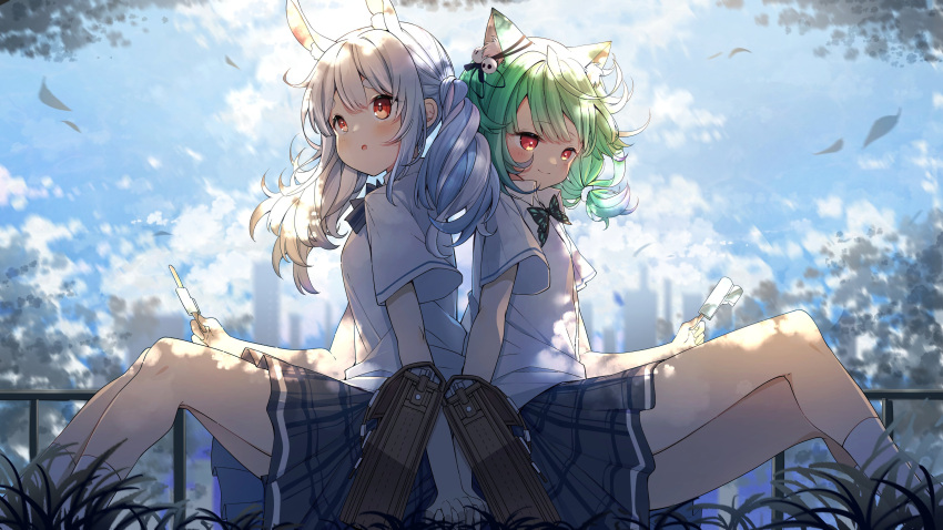 2girls absurdres animal_ear_fluff animal_ears back-to-back bag bangs blue_hair blue_skirt blush bow bowtie cat_ears closed_mouth clouds cloudy_sky commentary darjeeling_(reley) day english_commentary eyebrows_visible_through_hair feet_out_of_frame food from_side green_hair hair_ornament highres holding holding_food holding_hands hololive knees_up long_hair looking_away medium_hair multicolored_hair multiple_girls outdoors parted_lips plaid plaid_skirt popsicle rabbit_ears red_eyes school_bag school_uniform shirt short_eyebrows short_sleeves sitting skirt skull_hair_ornament sky smile socks thick_eyebrows twintails two-tone_hair uruha_rushia usada_pekora virtual_youtuber white_hair white_legwear white_shirt