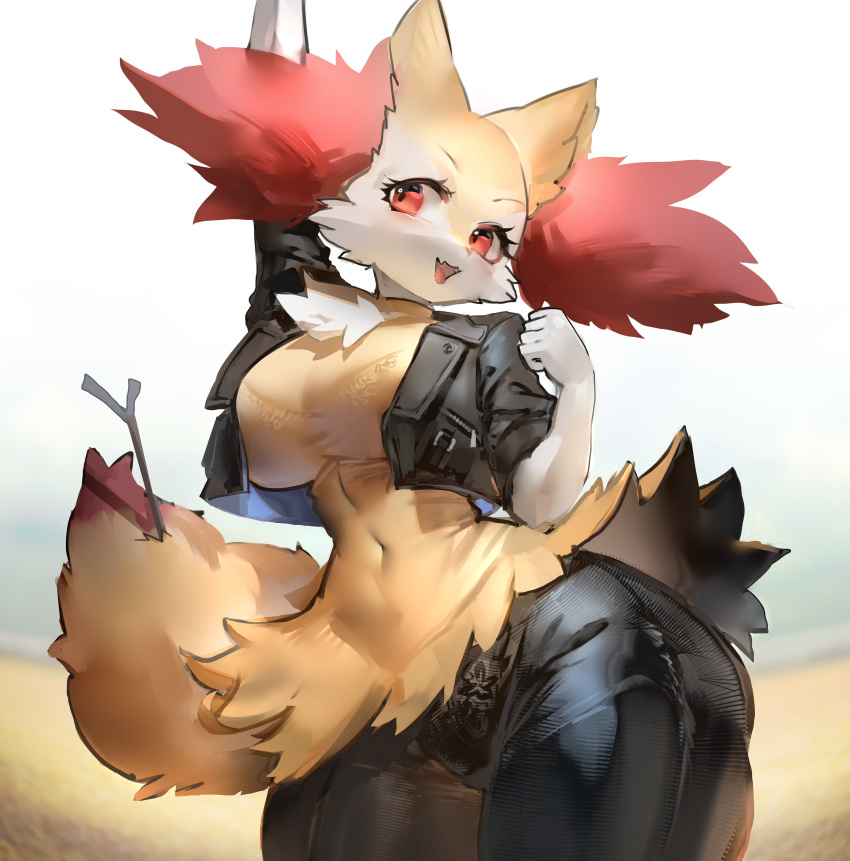 1girl absurdres animal_ear_fluff animal_ears animal_nose arm_up black_hair black_jacket body_fur bra braixen breasts clothed_pokemon covered_navel cowboy_shot day dress fox_ears fox_girl fox_tail fur_trim furry furry_female hand_up highres jacket large_breasts leather leather_jacket looking_at_viewer multicolored_fur open_clothes open_jacket open_mouth outdoors outstretched_arm panties pantyhose pokemon red_eyes see-through short_dress smile snout solo stick tail turtleneck turtleneck_dress underwear wan_jue white_fur wide_hips yellow_fur zipper zipper_pull_tab