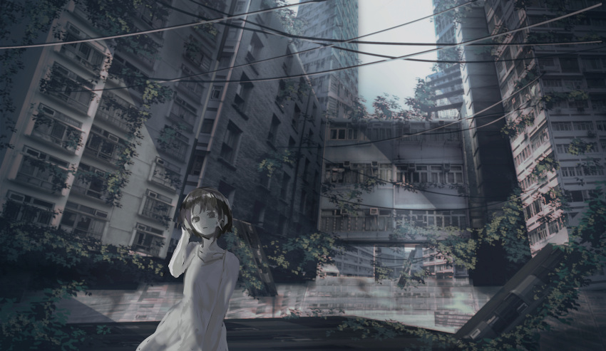 1girl asymmetrical_hair brown_eyes brown_hair building cityscape dress hair_ornament hairclip highres iwakura_lain looking_at_viewer meola outdoors power_lines ruins scenery serial_experiments_lain short_hair sleeveless solo water white_dress