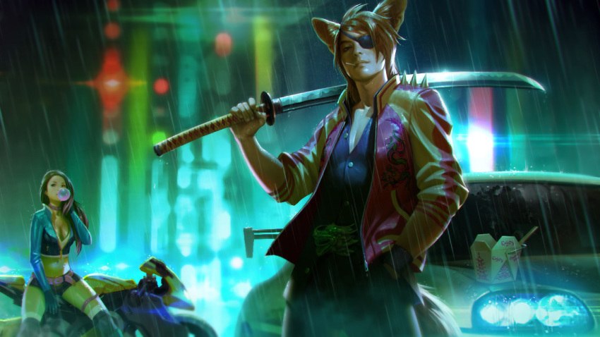 1boy 1girl animal_ears belt black_hair blurry blurry_background boots brown_hair car chewing_gum chinese_food cigarette city city_lights collar collared_jacket collared_shirt dragon_ornament eyepatch food gloves ground_vehicle hand_in_pocket hand_on_own_face jacket jyurtsev katana legband long_hair long_sleeves looking_at_viewer motor_vehicle motorcycle open_clothes open_jacket outdoors over_shoulder pants pectoral_cleavage pectorals rain shirt shorts splashing sword unzipped vainglory weapon weapon_over_shoulder wet wet_clothes zipper