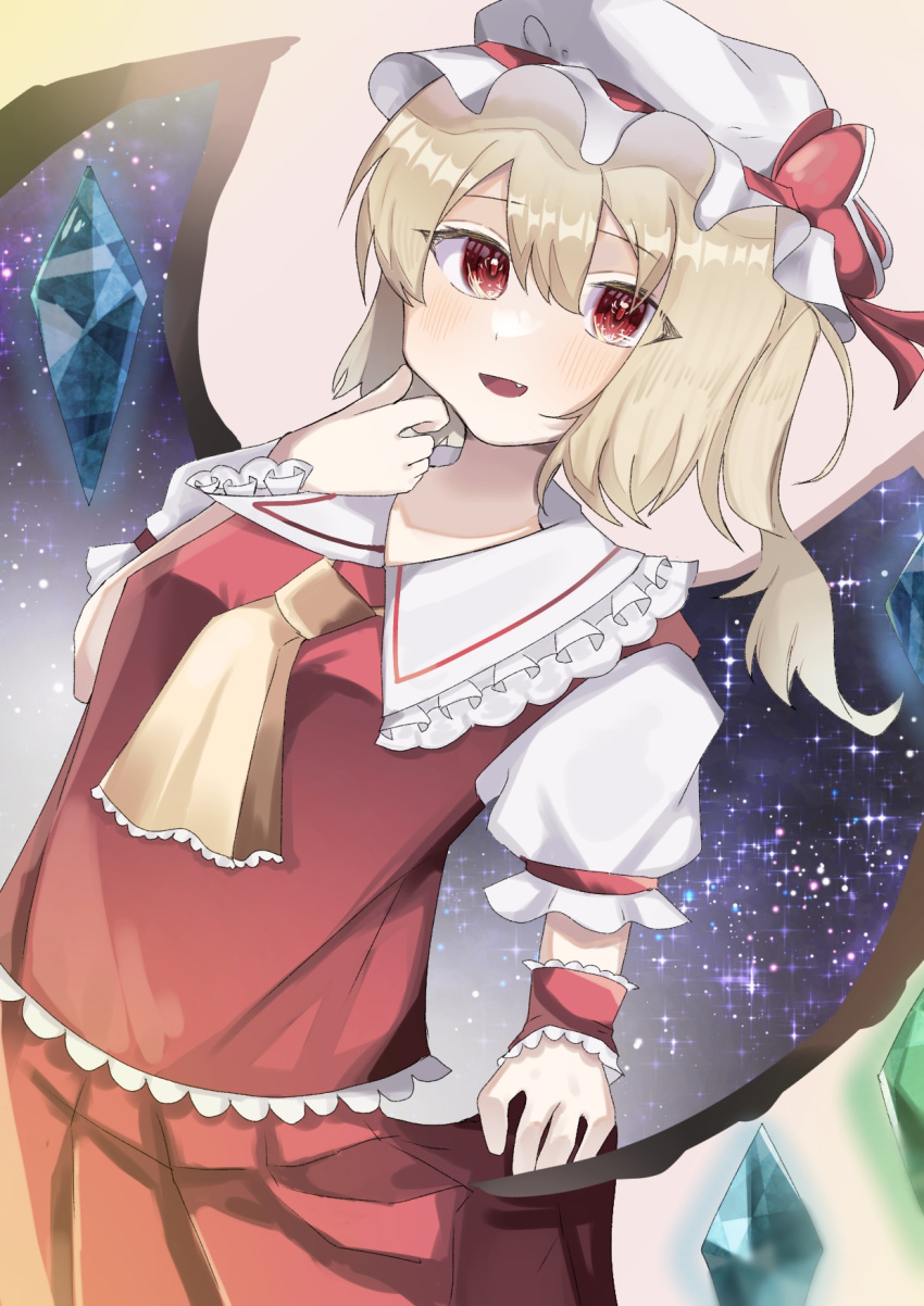 1girl :d ascot blonde_hair bloom blush crystal esukei eyebrows_visible_through_hair eyes_visible_through_hair fang flandre_scarlet frilled_shirt_collar frills hair_between_eyes hand_up hat hat_ribbon highres light looking_at_viewer mob_cap open_mouth puffy_short_sleeves puffy_sleeves red_eyes red_skirt red_vest ribbon shirt short_sleeves skirt smile solo space star_(sky) touhou vest white_headwear wings wrist_cuffs