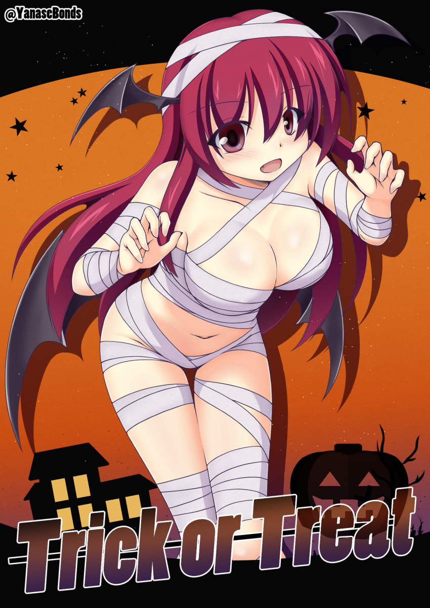 1girl :d bandages bat_wings blush breasts collarbone commentary_request cowboy_shot cutefreak dot_nose drop_shadow english_text eyebrows_visible_through_hair fang hair_between_eyes hair_highlights happy head_wings highres house jack-o'-lantern koakuma kurenaidahlia large_breasts long_hair looking_at_viewer low_wings maroon mummy_costume naked_bandage navel red_eyes redhead sidelocks smile solo speech_bubble star_(symbol) sweatdrop touhou translation_request twitter_username wings