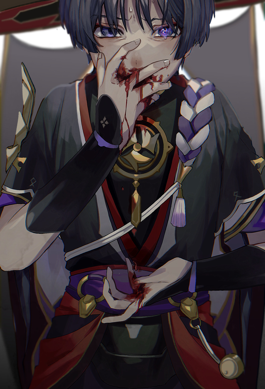 1boy absurdres arm_guards bangs black_hair blood blood_on_clothes blood_on_face blood_on_hands blue_eyes blurry coughing_blood covering_mouth depth_of_field furrowed_brow genshin_impact hand_over_own_mouth hand_up hat highres japanese_clothes looking_at_viewer male_focus mismatched_pupils mitsudomoe_(shape) nakura_hakuto o-ring rope sash scaramouche_(genshin_impact) short_hair short_sleeves solo sweat symbol-shaped_pupils tassel tomoe_(symbol) upper_body veil white_background