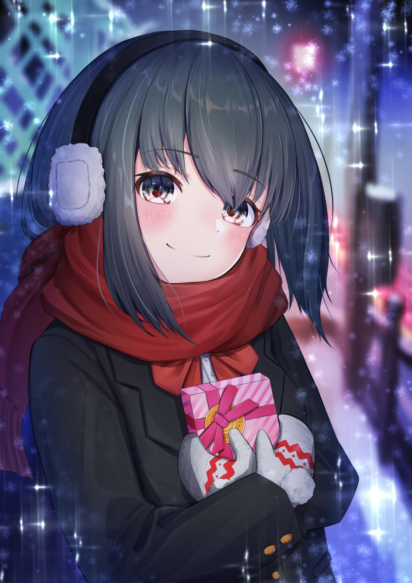 1girl bangs black_eyes black_hair black_jacket blazer blurry blurry_background blush bow bowtie closed_mouth earmuffs enpera eyebrows_visible_through_hair gift grey_mittens highres holding holding_gift jacket looking_at_viewer mittens nishiuji original red_bow red_scarf scarf school_uniform smile solo sparkle_background upper_body valentine