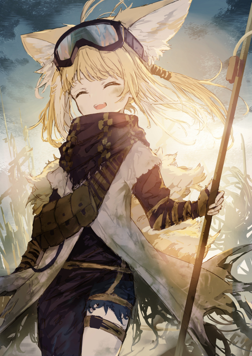 1girl :d ^_^ animal_ear_fluff animal_ears arknights black_gloves black_pants blonde_hair closed_eyes commentary_request day elbow_gloves facing_viewer fingerless_gloves fox_ears fox_girl fox_tail gloves goggles goggles_on_head highres holding jacket k_futoshi_0n0 kitsune long_hair outdoors pants short_sleeves smile solo suzuran_(arknights) suzuran_(lostlands_flowering)_(arknights) tail torn_clothes torn_pants white_jacket