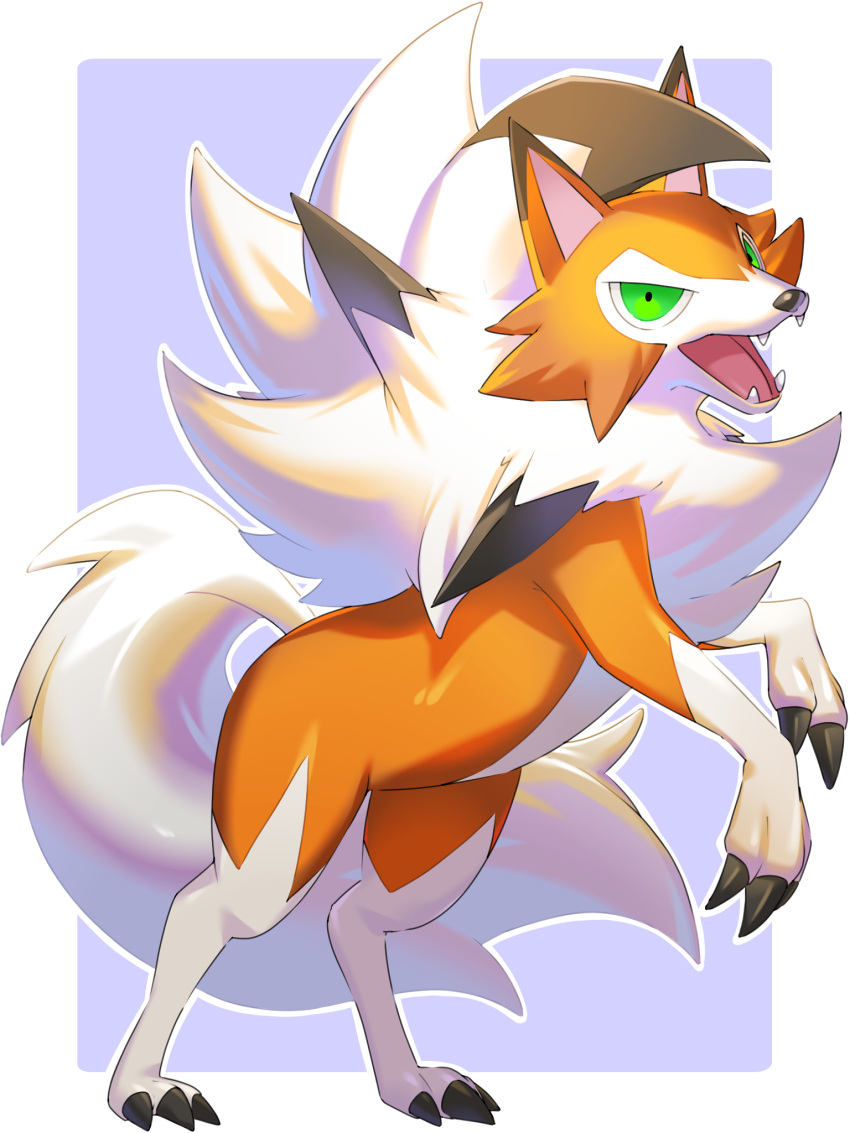 border claws commentary_request fangs full_body green_eyes highres looking_at_viewer lycanroc lycanroc_(dusk) mian_(3zandora) open_mouth outline outside_border pokemon pokemon_(creature) purple_background solo tongue white_border