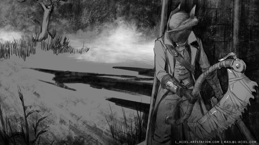 1other ambiguous_gender bangs bloodborne coat feet_out_of_frame gloves grass greyscale gun hat hiding holding holding_gun holding_weapon hunter_(bloodborne) l_aciel mask monochrome mouth_mask pants saw_cleaver standing tree tricorne vest weapon
