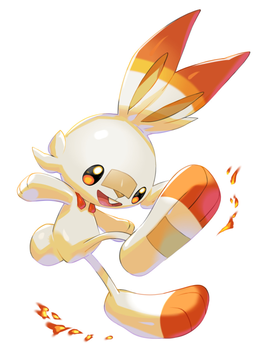 :d commentary_request fire full_body highres looking_down mian_(3zandora) open_mouth pokemon pokemon_(creature) scorbunny simple_background smile solo tongue white_background