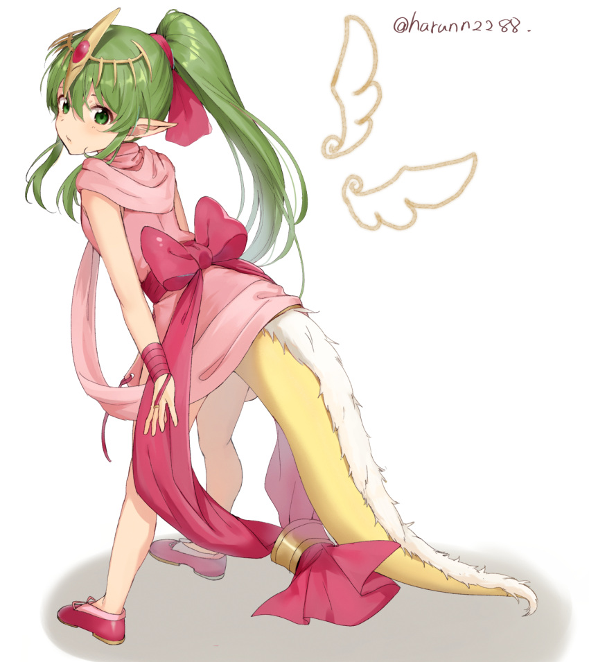 1girl dragon_tail dress fire_emblem fire_emblem:_mystery_of_the_emblem green_eyes green_hair hair_between_eyes haru_(nakajou-28) highres legs_apart long_hair looking_at_viewer pink_dress pink_footwear pink_ribbon pointy_ears ponytail ribbon shoes sidelocks simple_background solo standing tail tiara tiki_(fire_emblem) twitter_username white_background wrist_ribbon