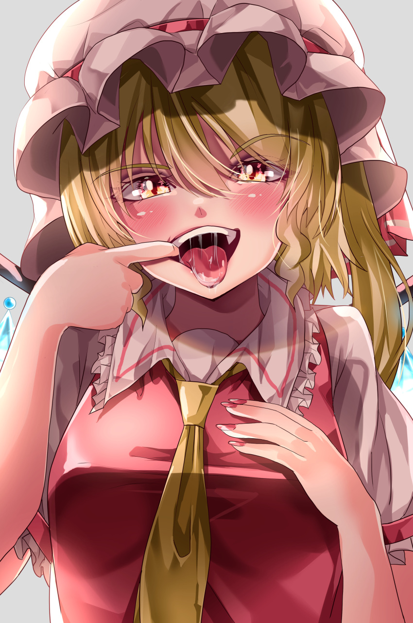 1girl absurdres blonde_hair breasts collared_shirt drooling eyebrows_visible_through_hair flandre_scarlet frilled_shirt_collar frilled_sleeves frills grey_background hair_between_eyes hand_on_own_chest hat hat_ribbon highres long_hair looking_at_viewer maboroshi_mochi mob_cap mouth_pull nail_polish necktie puffy_short_sleeves puffy_sleeves red_nails red_ribbon red_vest ribbon shirt short_sleeves simple_background small_breasts solo teeth tongue tongue_out touhou upper_body upper_teeth vest white_headwear white_shirt wings yellow_necktie