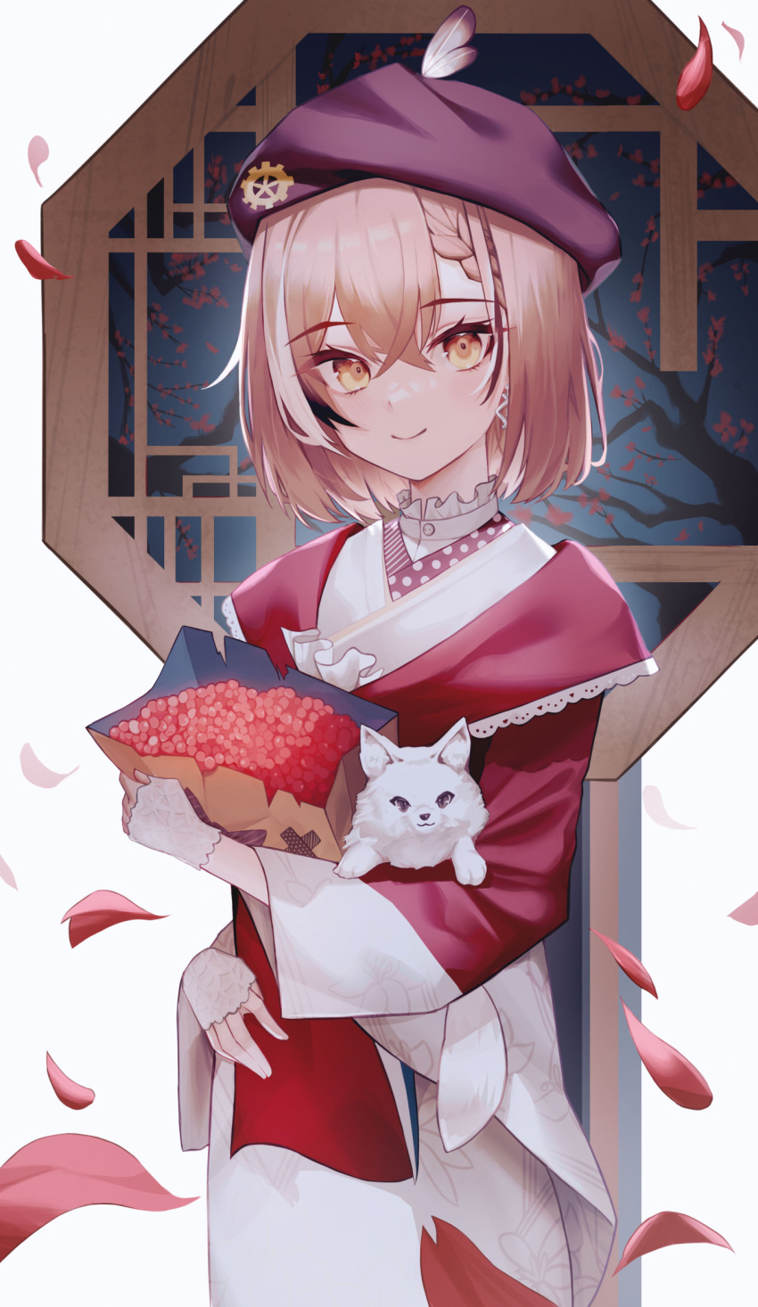 1girl architecture bag bangs berry bow bowtie braid braided_bangs brown_eyes brown_hair cherry_blossoms earrings east_asian_architecture feathers floral_print fox friend_(nanashi_mumei) gloves gom_bear highres hololive hololive_english japanese_clothes jewelry kimono lace lace_gloves looking_at_viewer multicolored_hair nanashi_mumei official_alternate_costume paper_bag petals print_kimono red_shawl short_hair single_earring smile streaked_hair tree virtual_youtuber white_kimono wide_sleeves
