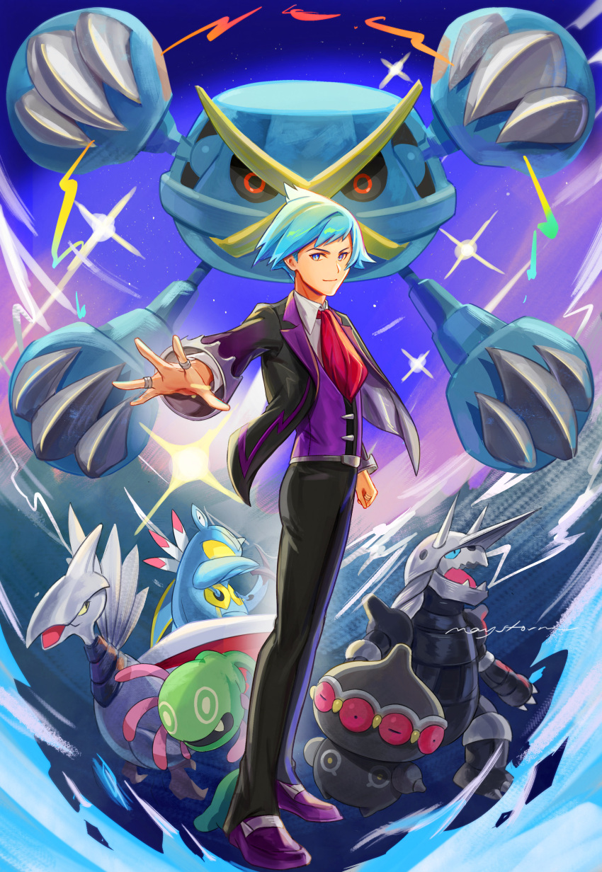 1boy absurdres aggron armaldo belt belt_buckle black_jacket black_pants blue_eyes blue_hair buckle claydol clenched_hand closed_mouth collared_shirt commentary cradily full_body highres jacket jewelry long_sleeves male_focus mayst0rm mega_metagross mega_pokemon metagross necktie open_clothes open_jacket pants pokemon pokemon_(creature) pokemon_(game) pokemon_oras purple_footwear purple_vest red_necktie ring shirt shoes short_hair skarmory smile spiky_hair standing steven_stone vest white_shirt