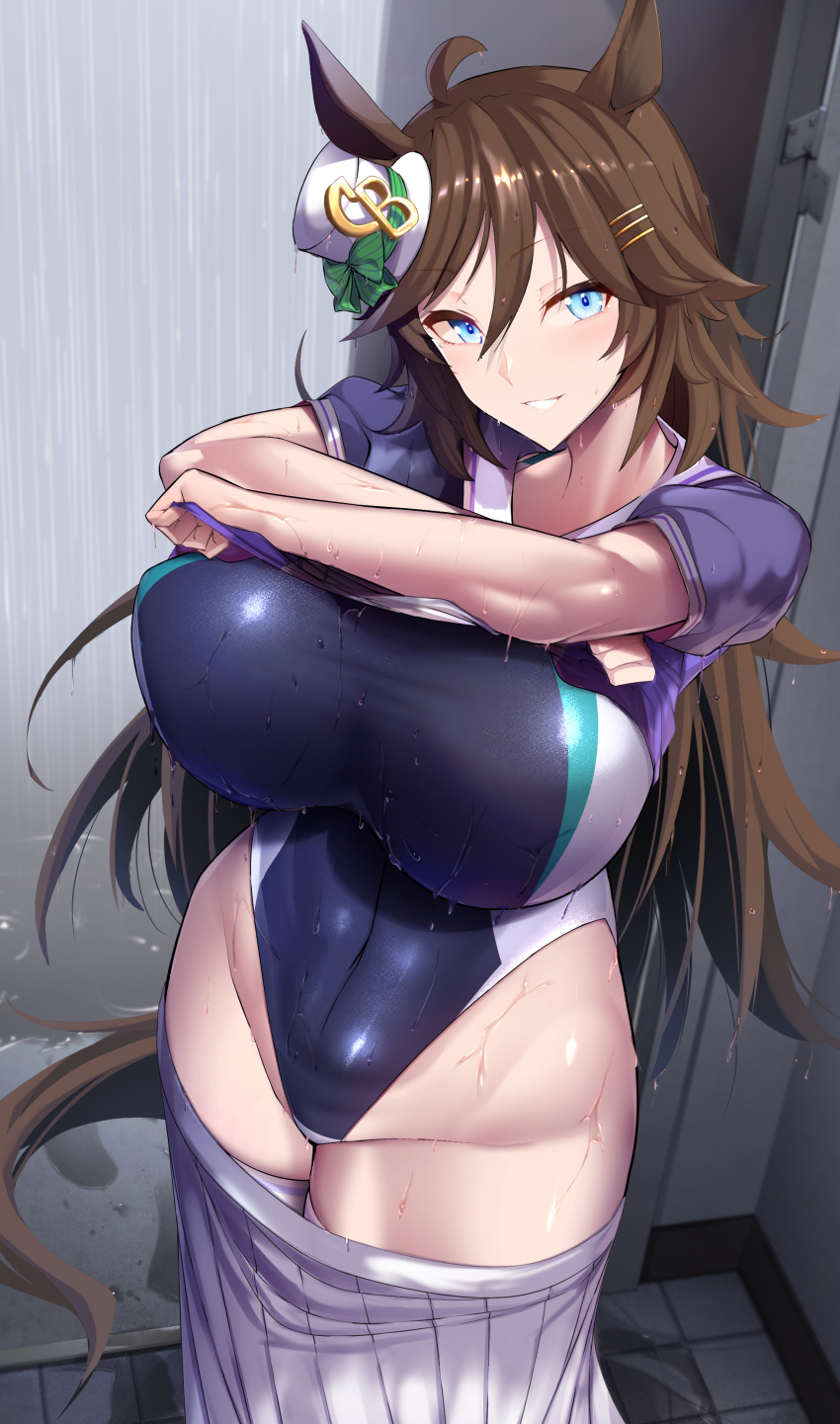 1girl absurdres ahoge alternate_breast_size animal_ears bangs big_shine black_swimsuit blue_eyes blush bow bowtie breasts brown_hair clothes_pull competition_swimsuit covered_navel covered_nipples cowboy_shot eyebrows_visible_through_hair grin groin hair_between_eyes hair_ornament hairclip hat highleg highres horse_ears horse_girl horse_tail index_finger_raised indoors large_breasts lifted_by_self long_hair looking_at_viewer mini_hat mini_top_hat mr._c.b._(umamusume) one-piece_swimsuit pleated_skirt puffy_short_sleeves puffy_sleeves purple_bow purple_bowtie purple_shirt rain sailor_collar sailor_shirt school_uniform serafuku shirt short_sleeves sidelocks skirt skirt_pull smile solo standing summer_uniform swimsuit swimsuit_under_clothes tail taut_clothes taut_swimsuit teeth textless thigh-highs top_hat tracen_school_uniform umamusume wet wet_clothes wet_hair wet_shirt wet_skirt white_headwear white_legwear white_skirt