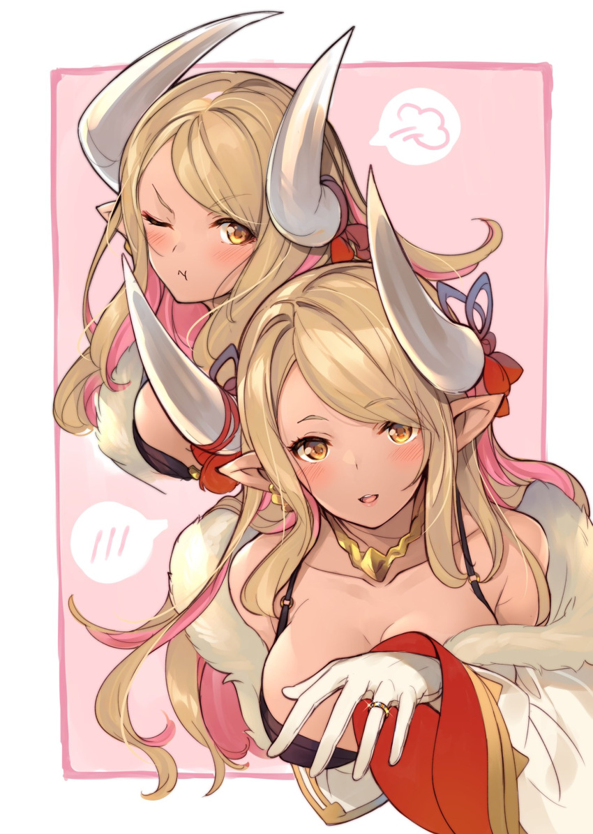 &gt;_o 1girl bangs bare_shoulders blonde_hair blush breasts brown_eyes colored_inner_hair dark-skinned_female dark_skin draph earrings fur-trimmed_jacket fur_trim gloves granblue_fantasy highres horn_ornament horn_ribbon horns jacket jewelry kumbhira_(granblue_fantasy) large_breasts long_hair looking_at_viewer mayusaki_yuu multicolored_hair necklace off_shoulder one_eye_closed parted_bangs pink_hair pointy_ears pout ribbon ring smile solo two-tone_hair upper_body wedding_ring white_gloves white_jacket wide_sleeves