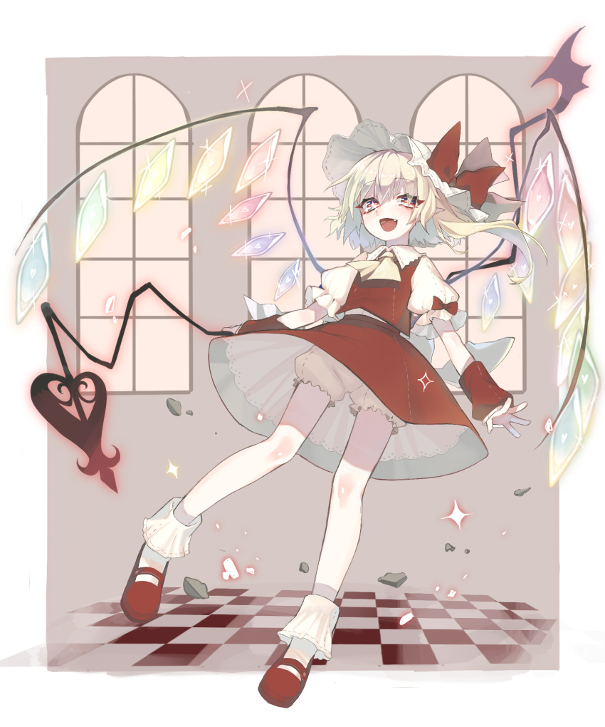 +_+ 1girl :d arm_warmers ascot blonde_hair bloomers blush bobby_socks bonnet bow checkered_floor collared_shirt commentary crystal eyebrows_visible_through_hair fang flandre_scarlet frilled_shirt_collar frills full_body hat hat_bow highres holding holding_weapon laevatein_(touhou) looking_at_viewer mary_janes one_side_up open_mouth pointy_ears puffy_short_sleeves puffy_sleeves red_bow red_eyes red_footwear red_skirt red_vest sakuratsuki shirt shoes short_sleeves skirt skirt_set smile socks solo sparkle tongue touhou underwear vest weapon white_bloomers white_headwear white_legwear white_shirt window wings yellow_ascot