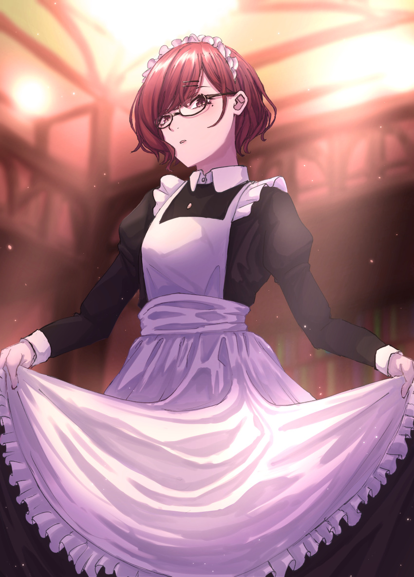 1girl absurdres alternate_costume apron brown_eyes brown_hair clothes_lift dress dress_lift enmaided frills glasses hgre47 highres higuchi_madoka idolmaster idolmaster_shiny_colors looking_at_viewer maid maid_apron maid_headdress mole mole_under_eye short_hair solo