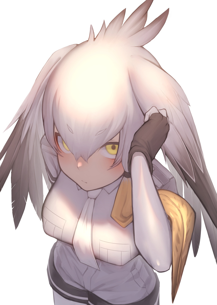 1girl absurdres akuma_(st.takuma) bangs black_gloves blonde_hair breast_pocket breasts commentary eyebrows_visible_through_hair fingerless_gloves gloves grey_shirt grey_shorts hair_between_eyes head_wings highres kemono_friends large_breasts looking_at_viewer multicolored_hair necktie pocket shirt shoebill_(kemono_friends) shorts simple_background single_sidelock solo two-tone_hair white_background white_necktie yellow_eyes