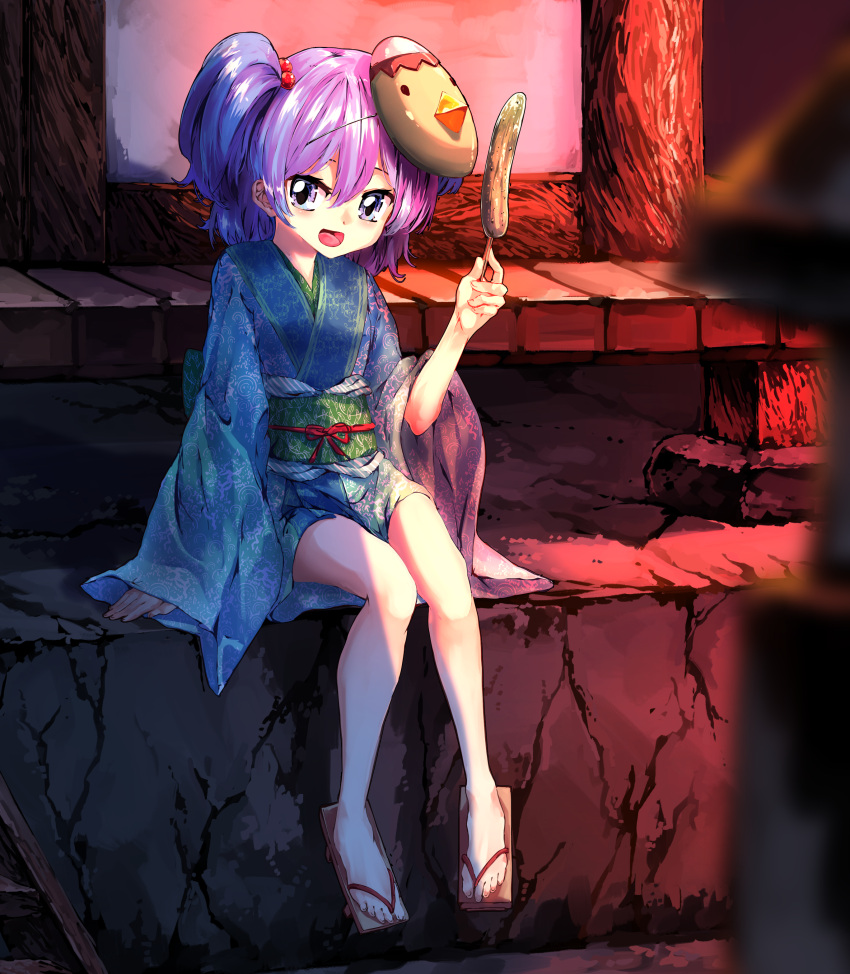 1girl :d absurdres alternate_costume arm_support blue_hair cucumber cucumber_on_a_stick eyebrows_behind_hair full_body highres japanese_clothes kawashiro_nitori kimono looking_at_viewer mask obi open_mouth purple_hair sandals sash sitting sleeves_past_wrists smile solo sunnysideup toes touhou violet_eyes yukata