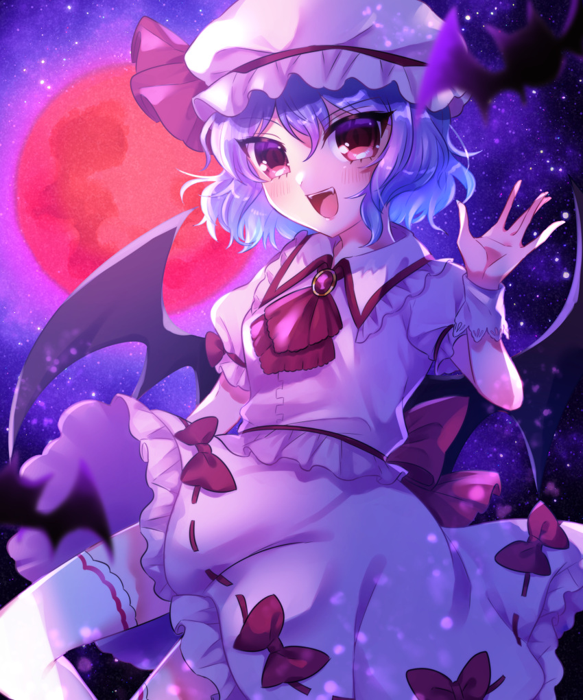 1girl :d \||/ absurdres ascot bat_wings blurry blurry_foreground brooch depth_of_field full_moon hat highres hitosaji jewelry looking_at_viewer mob_cap moon night open_mouth puffy_sleeves red_eyes red_moon remilia_scarlet ribbon sash short_hair short_sleeves skirt sky smile solo star_(sky) starry_sky touhou wings