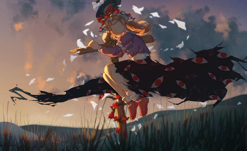 1girl :/ absurdres black_headwear blonde_hair bow buttons chinese_commentary closed_eyes closed_mouth clouds commentary_request cross eyebrows_behind_hair floating_hair flower full_body gap_(touhou) grass grave hat hat_bow heiyao highres latin_cross long_hair long_sleeves maribel_hearn mob_cap object_hug partial_commentary plant purple_shirt red_eyes red_flower red_footwear red_rose rose shirt shoes sky socks solo thorns touhou usami_renko vines white_bow white_headwear white_legwear