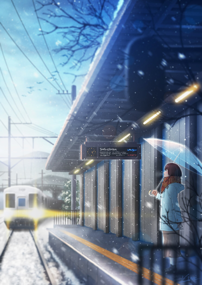 1girl bird black_footwear black_hair blue_coat blurry branch clock coat commentary_request depth_of_field grey_skirt ground_vehicle highres holding holding_umbrella lights original power_lines railing railroad_tracks red_scarf scarf scenery skirt snow snowing solo train train_station train_station_platform transparent transparent_umbrella umbrella vinci_v7 winter winter_clothes winter_coat