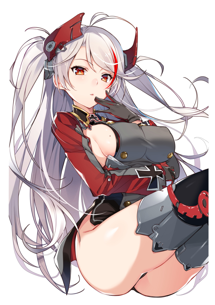 1girl absurdres ass azur_lane bangs black_gloves blush breasts covered_nipples cross dress eyebrows_visible_through_hair gloves hand_on_own_face hand_up headgear highres iron_cross kat_(bu-kunn) lips long_hair long_sleeves looking_at_viewer medium_breasts mole mole_on_breast multicolored_hair orange_eyes parted_lips prinz_eugen_(azur_lane) redhead shiny shiny_hair shiny_skin short_dress sideboob silver_hair simple_background sitting solo thigh-highs thighs tied_hair two-tone_hair white_background