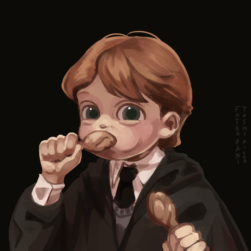 1boy absurdres artist_name bangs black_background black_necktie black_robe blush cheek_bulge chicken_(food) chicken_leg child clenched_hands collared_shirt commentary dated derivative_work dual_wielding eating english_commentary fatharani_yasmin food green_eyes grey_sweater harry_potter_(series) harry_potter_and_the_philosopher's_stone highres holding holding_food light_blush long_sleeves looking_at_viewer male_focus necktie orange_hair parted_bangs ron_weasley scene_reference school_uniform screencap_redraw shirt short_hair signature simple_background solo sweater upper_body white_shirt