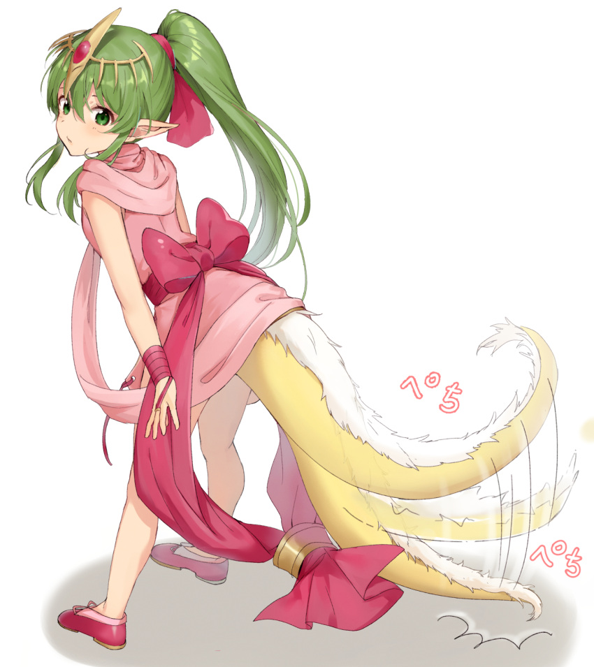 1girl afterimage dragon_tail dress fire_emblem fire_emblem:_mystery_of_the_emblem green_eyes green_hair hair_between_eyes haru_(nakajou-28) highres legs_apart long_hair looking_at_viewer pink_dress pink_footwear pink_ribbon pointy_ears ponytail ribbon shoes sidelocks simple_background solo standing tail tail_wagging tiara tiki_(fire_emblem) white_background wrist_ribbon